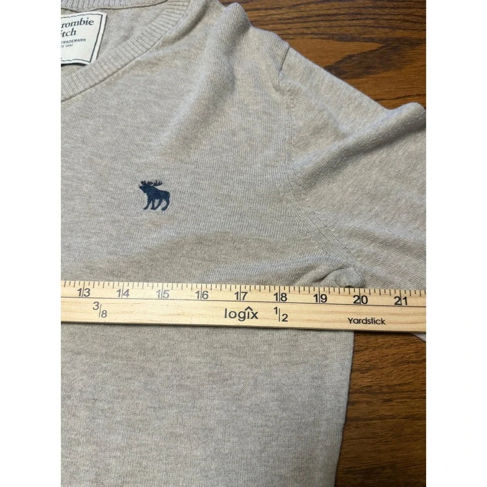 Abercrombie & Fitch Mens V-Neck Sweater M Beige Oatmeal Knit Moose Logo Long Slv